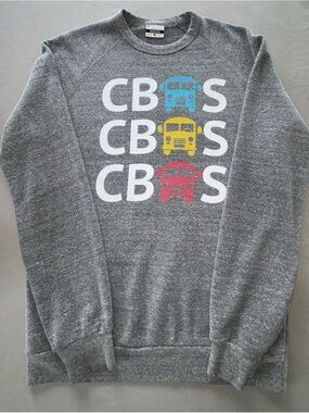 Gray Graphic Crewneck Sweatshirt with Blue, Yellow & Red Bus Motif